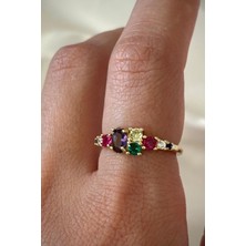 Leo'Stone Ithal Seri Zarif Karışık Renkli Oval Taşlı Tasarım Ayarlanabilir Kadın Çelik Yüzük Gold