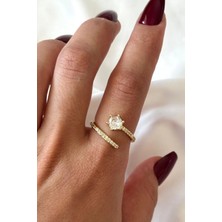 Leo'Stone Ithal Seri 6 Kollu Tek Taş Tasarım Ayarlanabilir Kadın Çelik Yüzük Gold