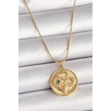 cleovibe 316L Çelik Gold Renk Topçuk Zincir Yılan Işlemeli Zirkon Taş Detaylı Madalyon Model Kadın Kolye