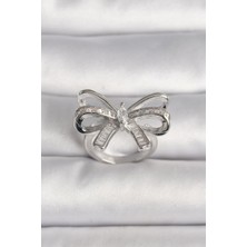 cleovibe Pirinç Gümüş Renk Ayarlanabilir Zirkon Taşlı Kurdele Model Kadın Yüzük