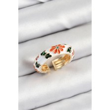 cleovibe Pirinç Beyaz Mineli Çiçek Motifli Gold Renk Ayarlanabilir Kadın Yüzük