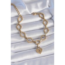 cleovibe 316L Çelik Gold Renk Zincir Model Kilit Kalp Figür Kadın Bileklik