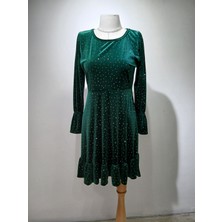 Zümrüt Yeşili Silver Taş Baskılı Kısa Büyük Beden Elbise