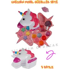 Yıldırım Oyuncak Unicorn Şekilli 3 Katlı Makyaj Güzellik Seti Sürülebilir Simli Ruj ve Farlar Renkli Güzellik Seti