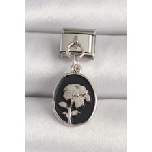 cleovibe 316L Çelik Gümüş Renk Gümüş Çiçek Işlemeli Siyah Portre Model Nomination Charm