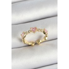 cleovibe Pirinç Sıralı Kalp Figürlü Zirkon Taşlı Gold Renk Ayarlanabilir Kadın Yüzük
