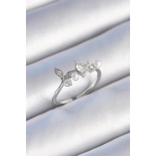 cleovibe Pirinç Gümüş Renk Zirkon Taşlı Kalp Yaprak Model Inci Detay Kadın Yüzük