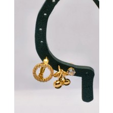 Art3 Kiraz 3'lü Zirkon Taşlı Halka ve Tektaş Küpe Kombini - 14 Ayar Altın Kaplama Özel Seri Set