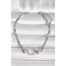 cleovibe 316L Çelik Gümüş Renk Italyan Zincir Model Zirkon Taşlı Halka Figür Kadın Bileklik