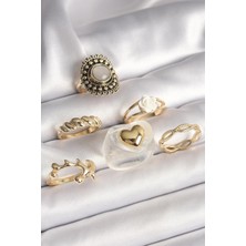 cleovibe Pirinç Gold Renk Beyaz Gül Figür Kalp Işlemeli Sarmal Detay 6'lı Kadın Yüzük Seti