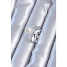 cleovibe Gümüş Renk Zirkon Taşlı Incili Kadın Yüzük