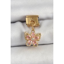cleovibe 316L Çelik Sallantılı Zirkon Taşlı Çiçek Figürlü Kelebek Model Gold Renk Nomination Charm