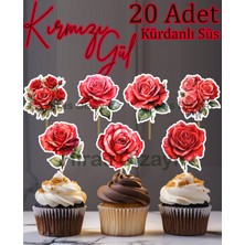 Hiras Dizayn 20 Adet Kırmızı Güller Kürdanlı Süs Seti Cupcake Pasta Kurabiye Kokteyl Sunum Süsleri