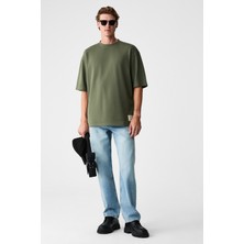 Grimelange Joel Erkek %100 Organik Pamuklu Kalın Kumaşlı Özel Dokulu Etiket Detaylı Oversize Haki T-Shirt