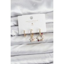 cleovibe Çiçek Model Gold Renk Pirinç 3'lü Kadın Küpe Seti