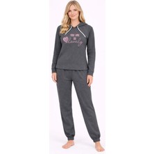 Burcumay Kadın Kapüşonlu Kışlık Gri Eşofman Pijama Takımı