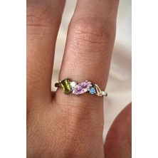 Leo'Stone Ithal Seri Zarif Karışık Renkli 5 Taşlı Tasarım Ayarlanabilir Kadın Çelik Yüzük Gümüş