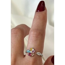 Leo'Stone Ithal Seri Renkli Zirkon Taşlı Zarif Lotus Çiçeği Tasarım Ayarlanabilir Kadın Çelik Yüzük Gümüş