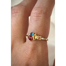 Leo'Stone Ithal Seri Renkli Zirkon Taşlı Zarif Tasarım Ayarlanabilir Kadın Çelik Yüzük Gold