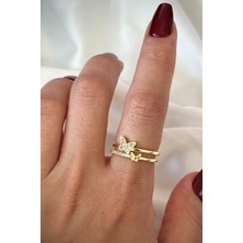 Leo'Stone Özel Tasarım Kelebek Model Ikili Ince Yarım Tur Zirkon Taşlı Ayarlanabilir Kadın Yüzük Gold