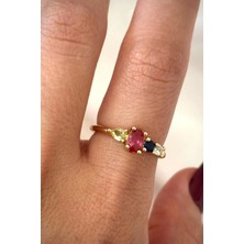 Leo'Stone Ithal Seri Renkli Zirkon Taşlı Zarif Oval 4 Taşlı Tasarım Ayarlanabilir Kadın Çelik Yüzük Gold