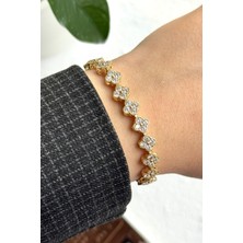 Leo'Stone Premium Seri Full Taş Tam Tur Yonca Tasarım Ayarlanabilir Kadın Çelik Bileklik Kelepçe Altın