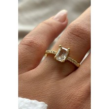 Leo'Stone Lustre Klasik Baget Kesim Taşlı Sıra Bant Tek Taş Ayarlanabilir Kadın Yüzük Altın