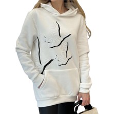 Phuti Kuş Detaylı Ekru Kapşonlu Sweatshirt