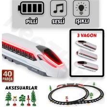 Yıldırım Oyuncak Pilli LED Işıklı Sesli 40 Parça Raylı Aksesuarlı Manyetik Vagonlu 308 cm Gerçekçi Tren Seti