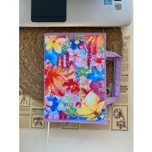 Lila Kitçan 17 × 24 cm Çiçek Desenli Standart Kitap Çantası | Kulplu Kumaş Kitap Kılıfı