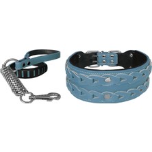 SHC4200 Deri Işlemeli Lüks Köpek Tasma Seti Xl 7 Cm*60-68 cm Turkuaz