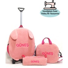 Migie Kişiye Özel Isimli 2-7yaş Çekçekli Çanta + Beslenme Çantası + Kalemlik Kreş/anaokulu Seti Pembe Peluş Tavşan
