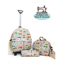 Migie Kişiye Özel Isimli 2-7yaş Çekçekli Çanta + Beslenme Çantası + Kalemlik Kreş/anaokulu Seti Iş Arabaları