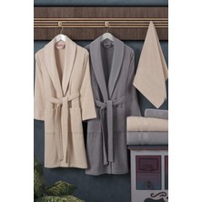 Hobby Casual - Pamuklu Bornoz Seti - Krem Gri