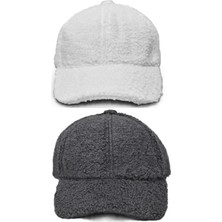 Derikem (824) 2’li Kadın Kışlık Merinos Kıvırcık Peluş Şapka Beyaz - Gri Standart