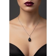 TRY Gümüş Renk Sıra Taşlı Siyah Damla Model Sf Zincir Çelik Kolye - 3781