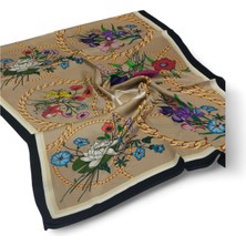 Gucci Vual Ipek Şal Çiçekli Zincirli Desen Gold Siyah