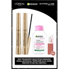 Luua L'oreal Paris 2'li Telescopic Gold Maskara+ 100 ml Seyahat Boy Micellar + Matte Ink Mini Ruj 65