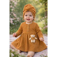 Popshops Bebek Kız Elbise ve Bone Takımı – Pamuklu Ayıcık Detaylı Uzun Kollu Günlük Elbise