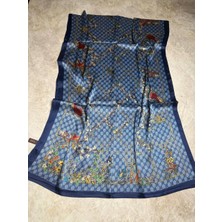 Gucci Vual Ipek Şal Çiçekli  G Baskılı Lacivert Mavi