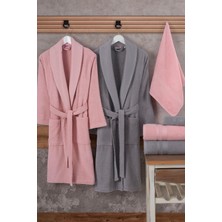 Hobby Casual - Pamuklu Bornoz Seti - Pembe Gri