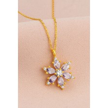 TRY Altın Renk Lila Damla Taşlı Lotus Kamelya Çiçeği Çelik Kolye - 3415
