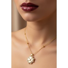 TRY Altın Renk Beyaz Sedef Van Cleef Yonca Model Top Zincir Çelik Kolye- 3726