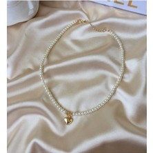 TRY Altın Renk Incili Gold Kalp Uçlu Kolye - 3126