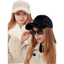 Derikem 2'li Kışlık Tüylü Kadın Peluş Kep Şapka Bezbol Standart Şapka Siyah - Ekru