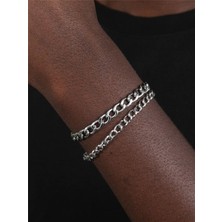 TRY Gümüş Renk Unisex Ince ve Kalın Cadena Kombin Bileklik -  2130