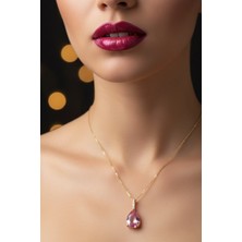 TRY Altın Renk Sıra Taşlı Pembe Damla Model  Sf  Zincir Çelik Kolye - 3746
