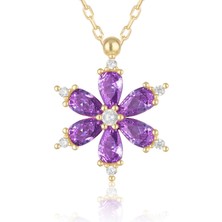 TRY Altın Renk Mor Damla Taşlı Lotus Kamelya Çiçeği Çelik Kolye - 3418