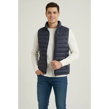 Erkek Şişme Fermuarlı Yelek Su Itici Kapitone Astarlı Kumaş Cepli Hafif Kışlık Spor Rahat Kalıp - Lacivert