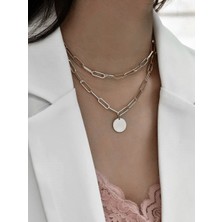 TRY Gümüş Renk Dikdörtgen Zincir Yuvarlak Pul Charm Katmanlı Kolye - 2106